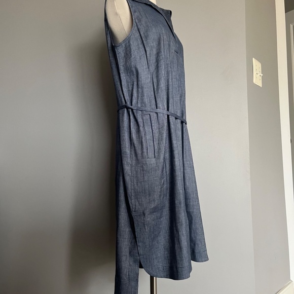 Lafayette 148 New York Blue Denim Pattern Rudy Linen Belted High Low Shift Dress - Picture 4 of 9